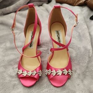 Elegantpark Pink Satin Heels with Crystal Accents
